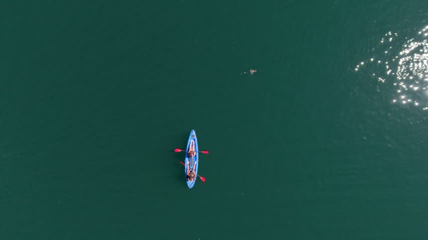 Two people paddle a blue kayak on clear water while enjoying the sunny day in a scenic area.