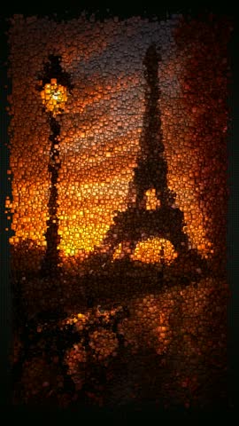 Golden Eiffel Tower in Paris at Sunset with Dramatic Orange Sky Wet Streets and Warm Reflections Creating a Romantic Atmospheric Travel Scene, Made of Flying Cubes