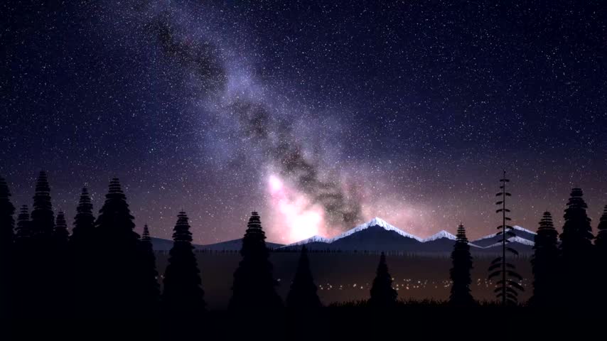 Magnificent view of the vibrant milky way galaxy and starry night sky with shooting stars above snow-covered mountain peaks and fir trees.