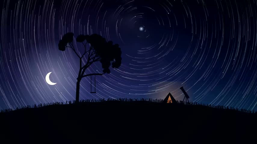 Stunning nighttime animation of circular polar star trails revolving above a scenic hilltop silhouette featuring a lit camping tent, observation telescope, and a tree with a swing under a crescent moon. Ideal for astronomy, wilderness camping, and travel adventure themes.