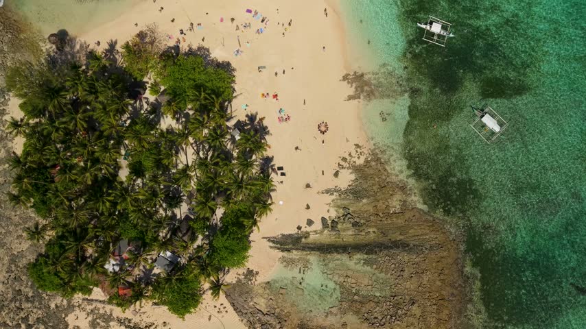 Aerial view of the distinctive Guyam Island in Siargao, Philippines, surrounded by extensive shallow coral reefs and turquoise ocean waters, with a small white sand beach and palm-covered interior.