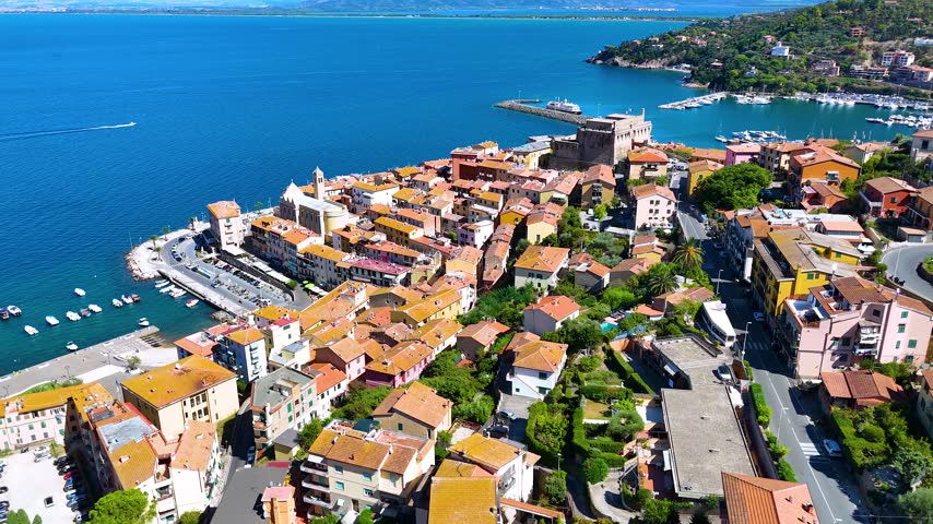 Aerial view of Porto Santo Stefano in the municipality of Monte Argentario, in the Province of Grosseto, Tuscany, Italy