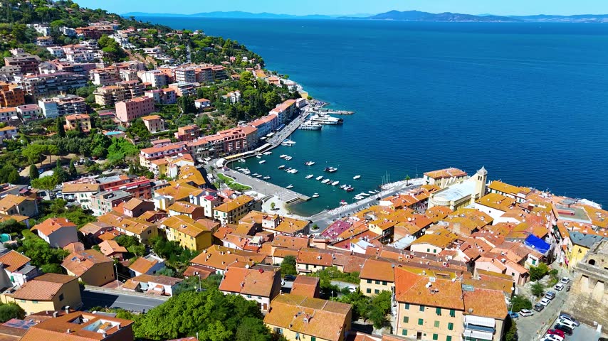 Aerial view of Porto Santo Stefano in the municipality of Monte Argentario, in the Province of Grosseto, Tuscany, Italy