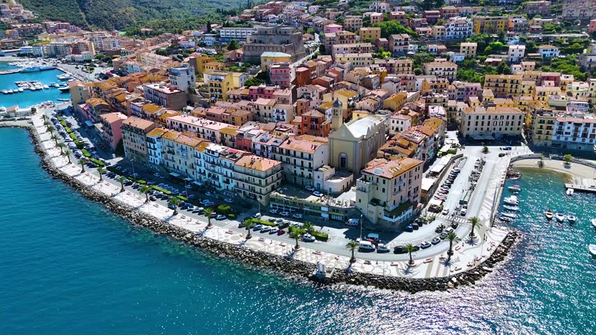 Aerial view of Porto Santo Stefano in the municipality of Monte Argentario, in the Province of Grosseto, Tuscany, Italy