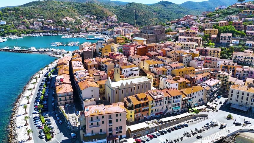 Aerial view of Porto Santo Stefano in the municipality of Monte Argentario, in the Province of Grosseto, Tuscany, Italy