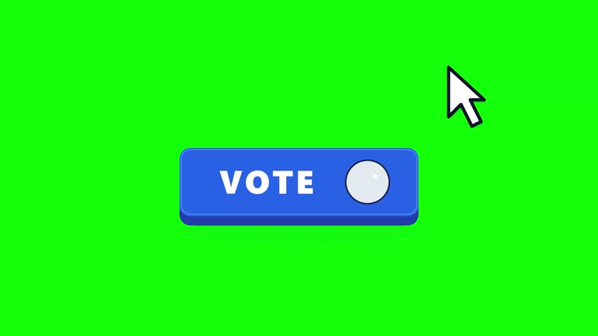 Clean 3D flat design motion graphic of a classic computer mouse arrow cursor pressing a blue vote button, activating a green checkmark indicator. Isolated seamless 4K loop animation representing digital voting, civic participation, online democracy, and election awareness on transparent background.