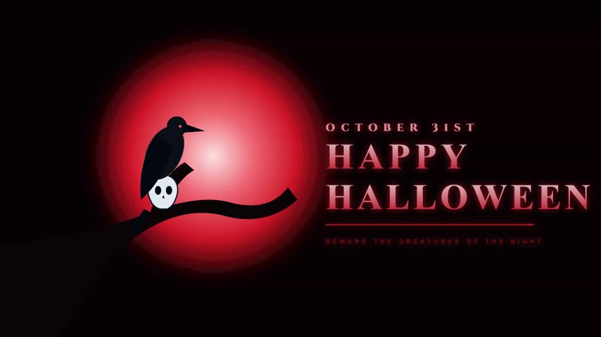 Spooky Halloween greeting animation featuring dark crow perched on branch with glowing red full moon background video
