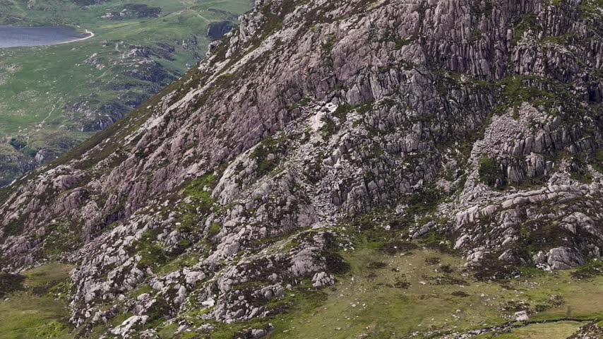Aerial Shot of the Crags on Pen Yr Ole Wen, Snowdonia National Park, Wales, UK