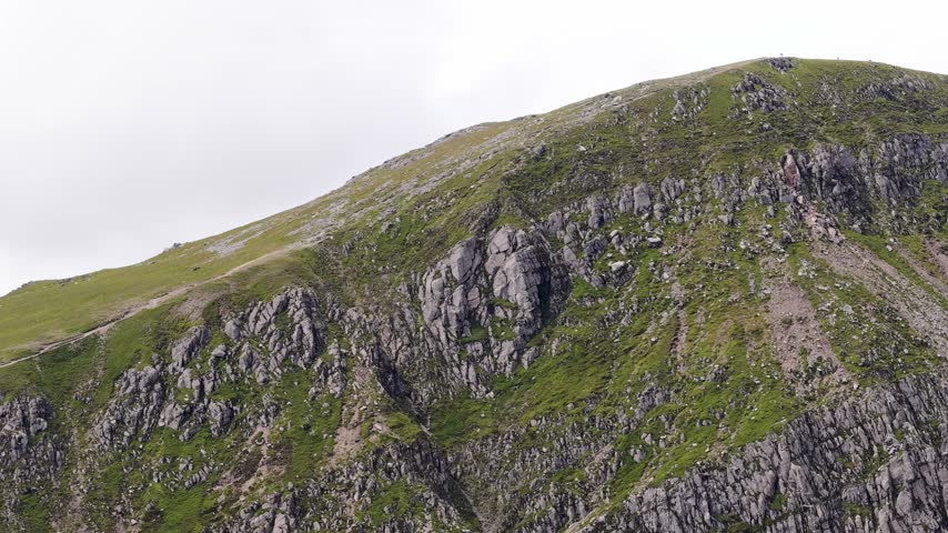 Aerial Shot of the Crags on Pen Yr Ole Wen, Snowdonia National Park, Wales, UK