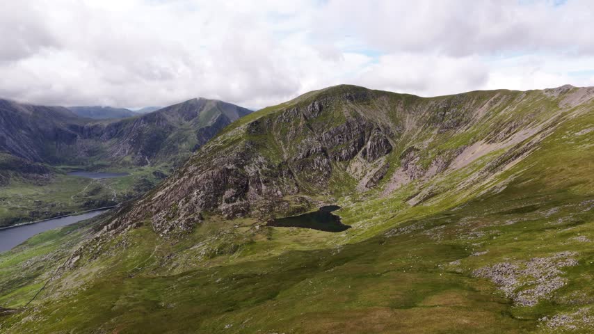 Aerial shot of Pen Yr Ole Wen in the Ogwen Valley, Snowdonia, Wales, UK