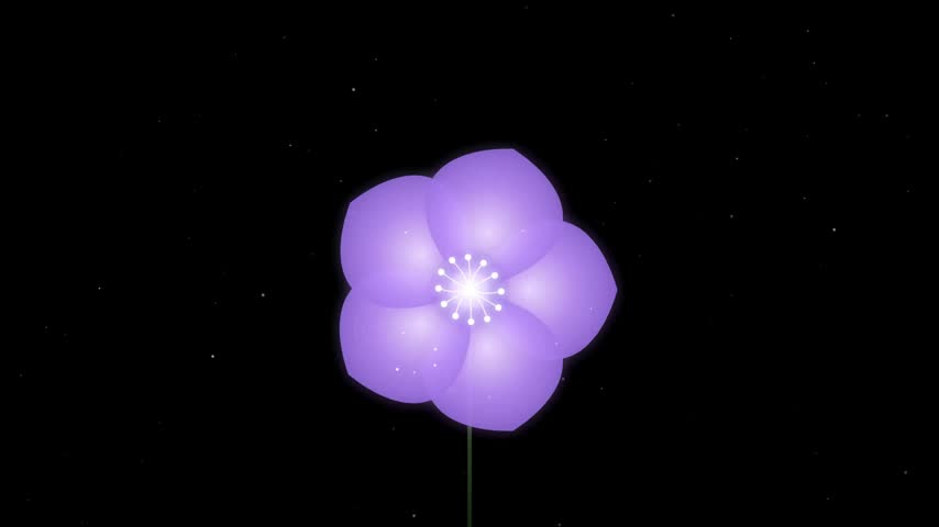 A beautiful, luminous purple flower with a radiant glowing center, set against a deep black background filled with scattered white stars and light particles.