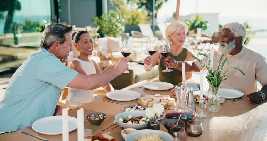 Friends, toast and lunch on patio with wine, summer holiday and celebration for reunion on weekend. Happy, mature people and cheers outdoor in backyard with alcohol drink, food and social gathering.