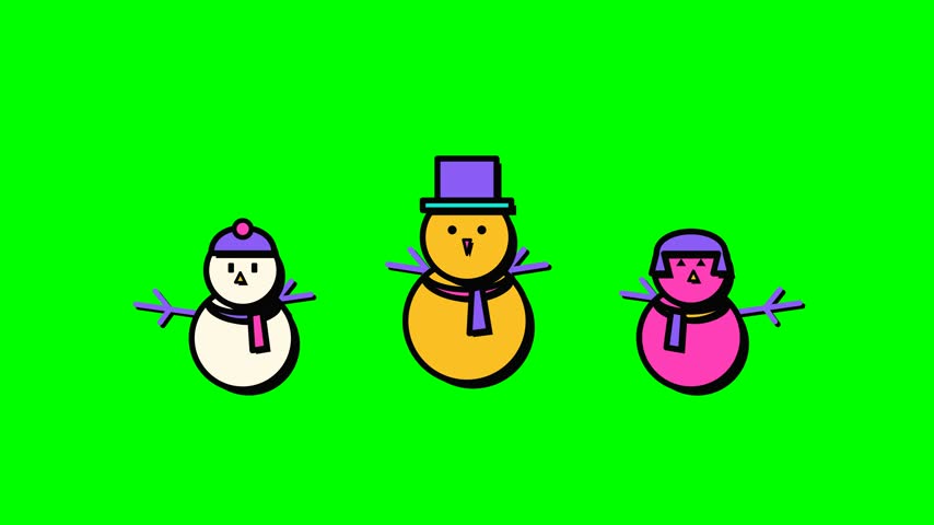 Three animated cartoon snowmen on a green screen