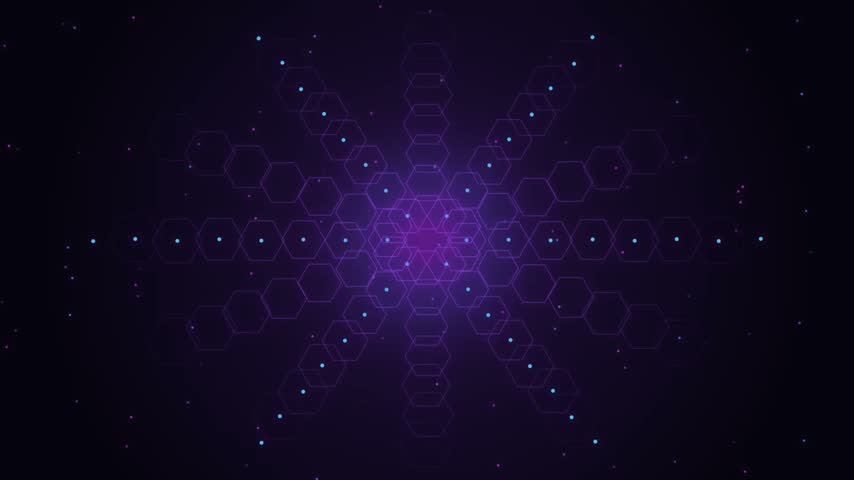 Abstract technology background vector illustration displaying a radiant purple hexagon pattern with scattered blue dots creating a central glowing vortex
