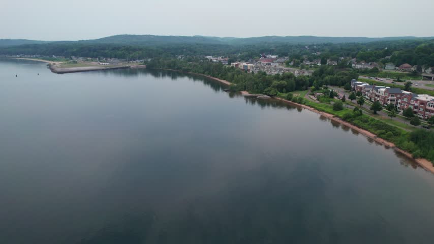 Open water Aerial of Marquette Michigan on an overcast summer day in the Upper Peninsula.