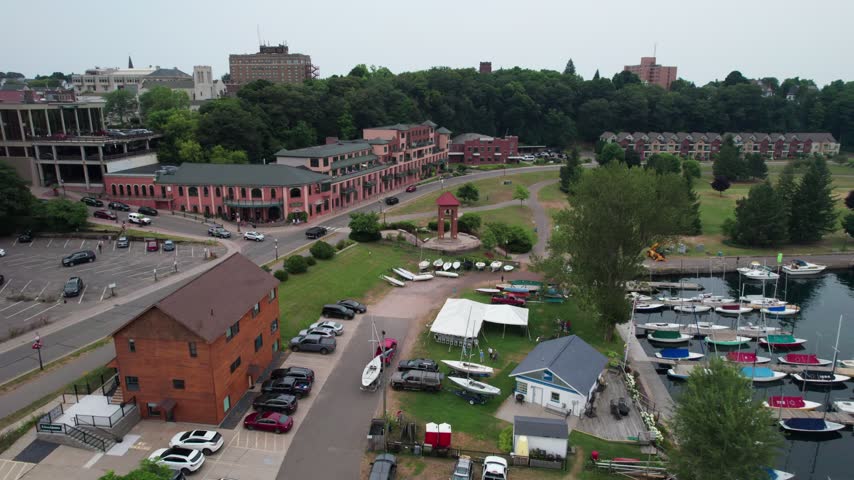 Traffic Aerial of Marquette Michigan on an overcast summer day in the Upper Peninsula.