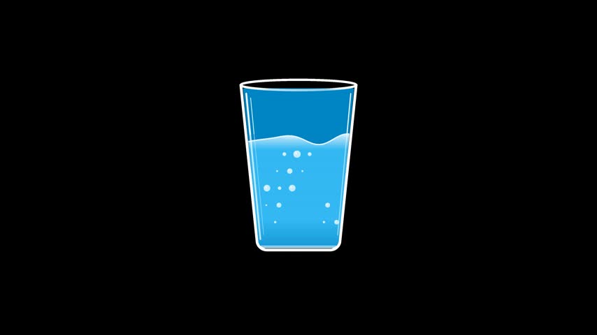 Flat 2D vector graphic of minimalist glass cup filling with smooth light blue water wave and rising bubbles in 4K 60fps.