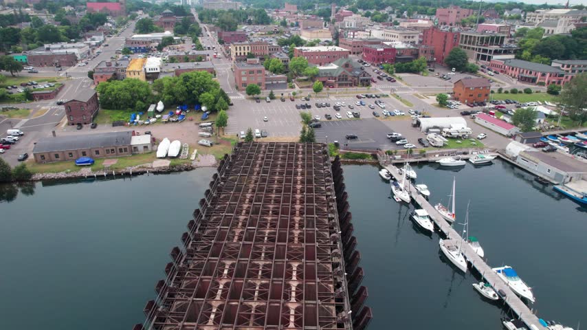 Left to right harbor Aerial of Marquette Michigan on an overcast summer day in the Upper Peninsula.
