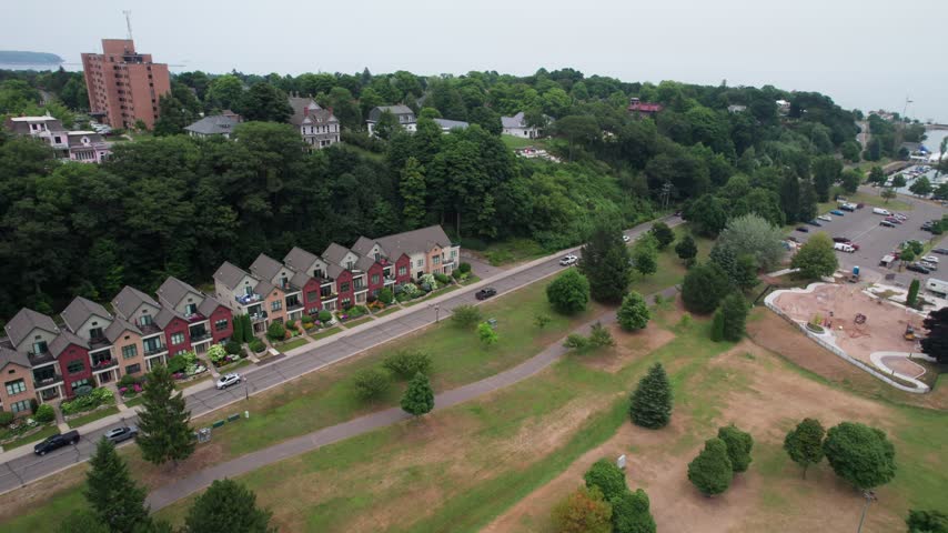 Rising neighborhood Aerial of Marquette Michigan on an overcast summer day in the Upper Peninsula.