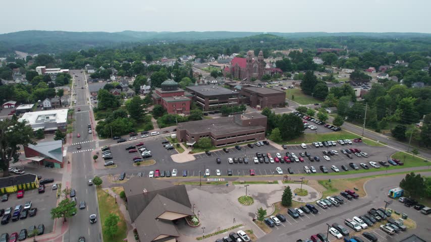 Approach church Aerial of Marquette Michigan on an overcast summer day in the Upper Peninsula.