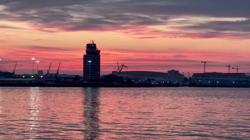 Harbor and Port at Sunset with Reflections on the Water