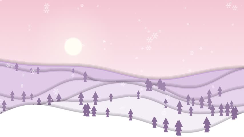Snowflakes drift down over rolling purple hills covered in snow with scattered pine trees under a pink sky with a rising sun.