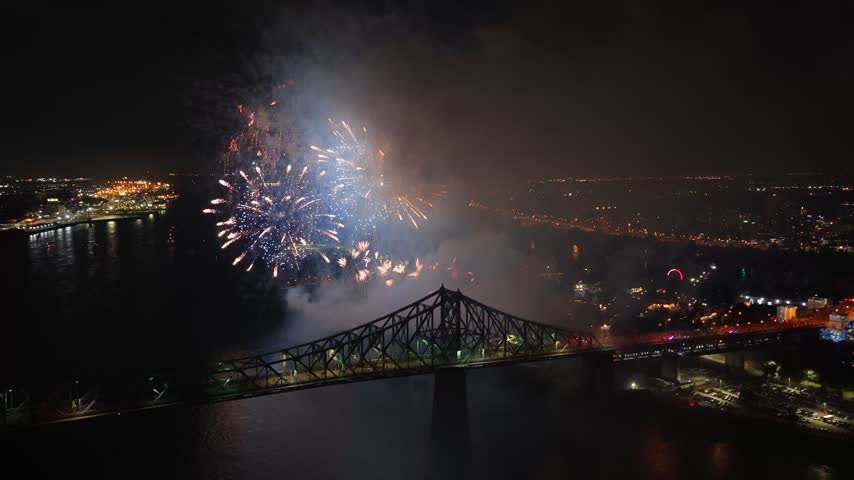 Holiday fireworks above water with reflection on the black sky background.