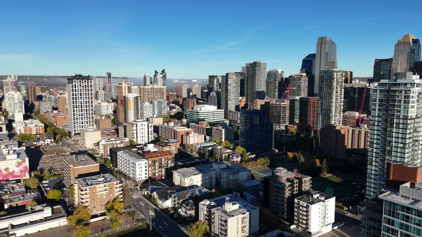 Aerial view of downtown Calgary, Alberta on a clear, autumn morning 