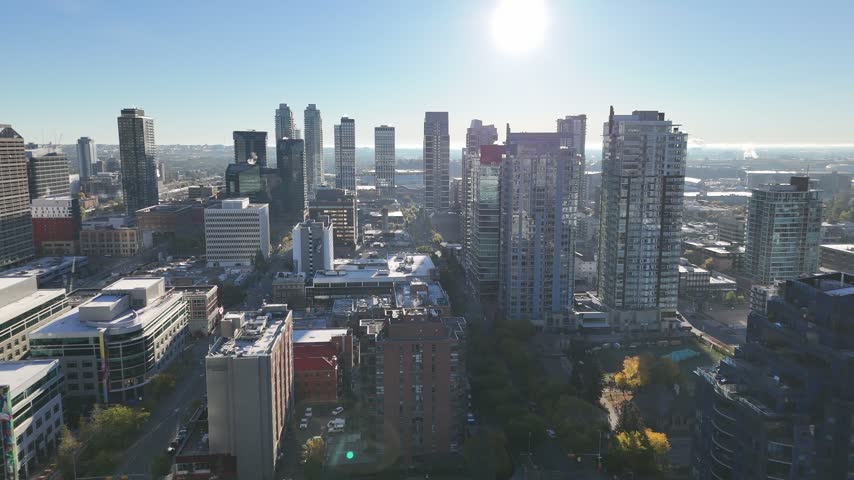  Calgary, Alberta - September 26, 2026:  Aerial view of downtown Calgary, Alberta on a clear, autumn morning 