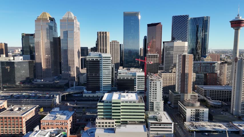 Aerial view of downtown Calgary, Alberta on a clear, autumn morning 