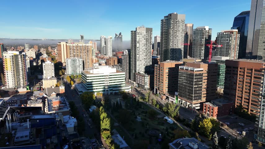 Aerial view of downtown Calgary, Alberta on a clear, autumn morning 
