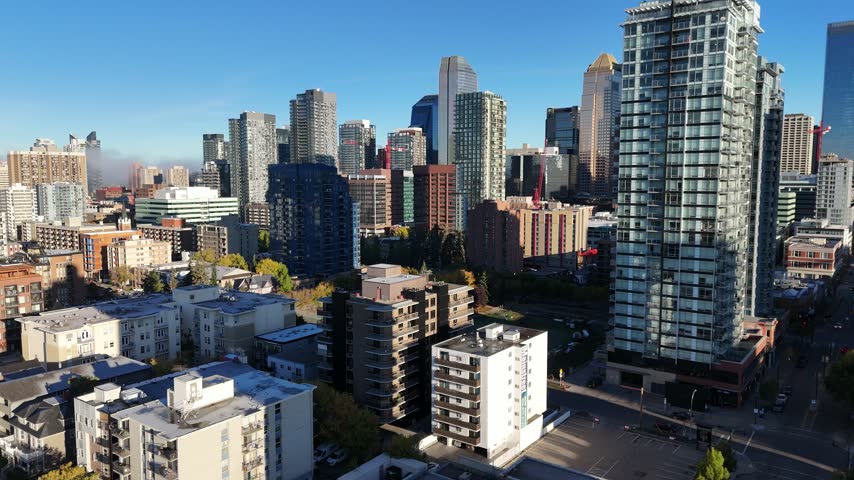 Aerial view of downtown Calgary, Alberta on a clear, autumn morning 