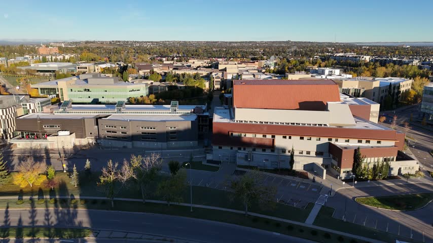 Aerial view of Mount Royal University campus in Calgary, Alberta on a fall morning.