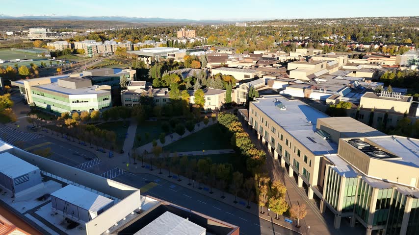 Aerial view of Mount Royal University campus in Calgary, Alberta on a fall morning.