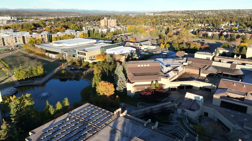 Aerial view of Mount Royal University campus in Calgary, Alberta on a fall morning.