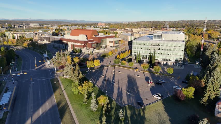 Aerial view of Mount Royal University campus in Calgary, Alberta on a fall morning.