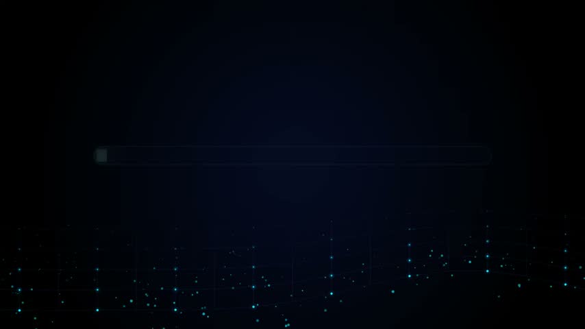 Abstract digital background with a loading bar and glowing blue particles forming a data grid network, representing technology, connectivity, and futuristic concepts