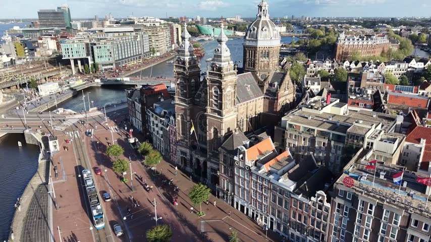 Saint Nicholas Basilica In Amsterdam In North Holland Netherlands. Beautiful Cityscape. Catholic Church. Religion Landscape. Saint Nicholas Basilica In Amsterdam. Downtown District. Tourism Landmark.