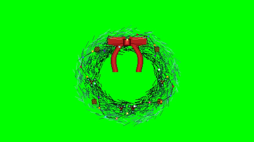 Seamless 8-second 16-bit pixel art animation of a Christmas door wreath with pine needles, large red bow, pinecones, holly berries, and twinkling colorful fairy lights on a chroma key green background
