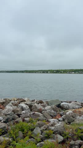 An aerial view of the bay near Sydney, Nova Scotia Canada on a gray day.
