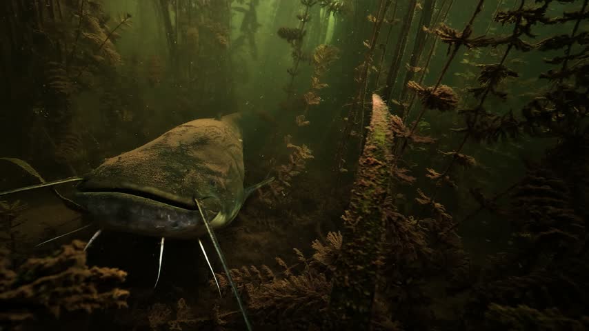 A wels catfish swims through dark water near a diver in a freshwater cave. Check the gallery for similar footages