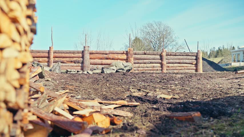 People Stand Near A Parked Red Utility Tractor Behind A Stacked Wooden Fence In A Rural Outdoor Setting. Timelapse