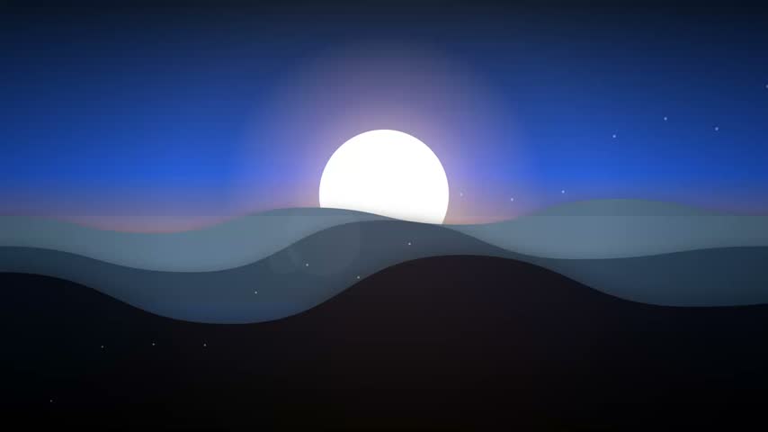Minimalist digital art featuring layered hills under a glowing moon and stars.