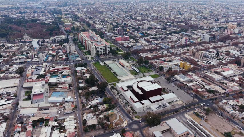 Aerial view of Teatro del Bicentenario and civic center in urban San Juan, Argentina
