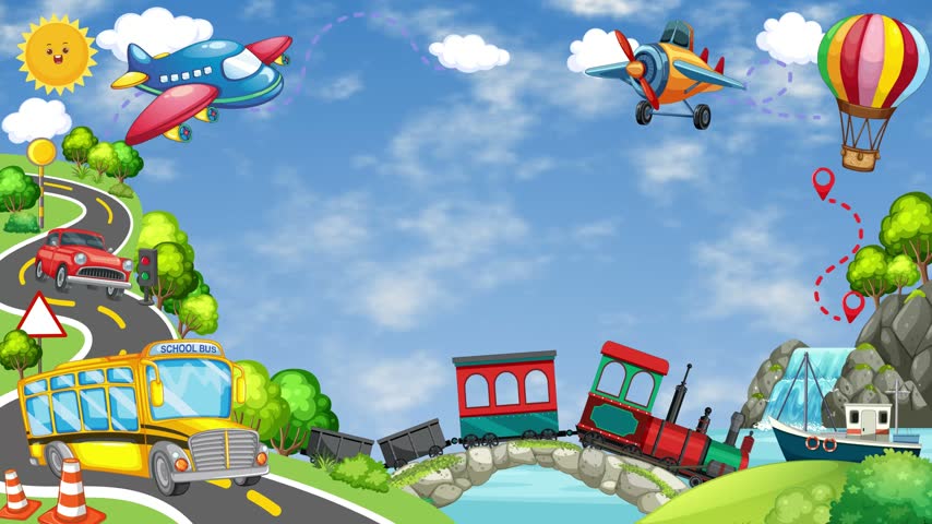 Colorful cartoon vehicles travel across a sunny landscape frame surrounding central open sky copy space.
