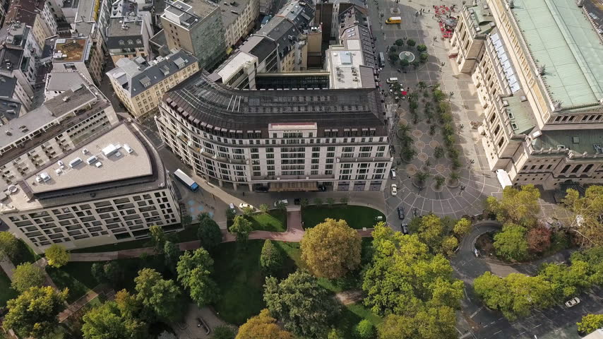 Aerial drone footage of the city center, the business district and hotels in Frankfurt am Main in Germany in the European Union. Frankfurt is the financial and banking capital of Germany and Europe.