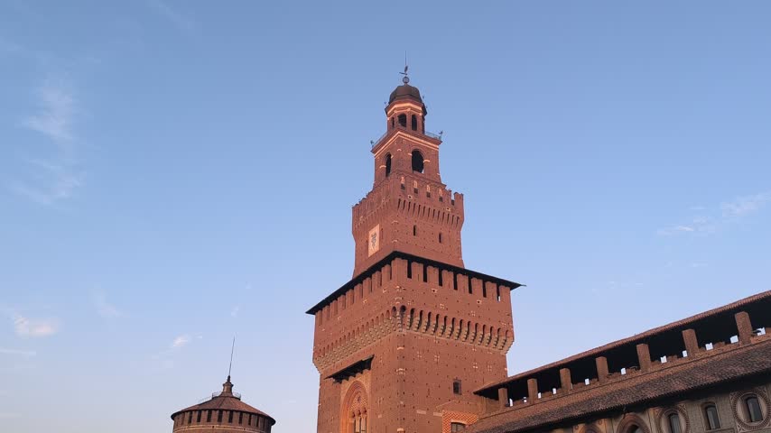 Low Angle Establishing View of Sforzesco Castle in Parco Sempione Milan Italy Historic Landmark