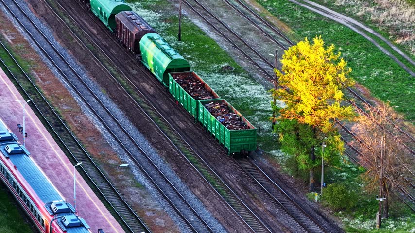 Freight train carrying scrap metal stationed on railroad tracks next to a passenger train
