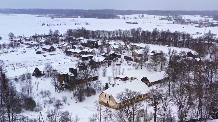 Rural village with snow-covered houses and trees during a winter snowfall in the countryside