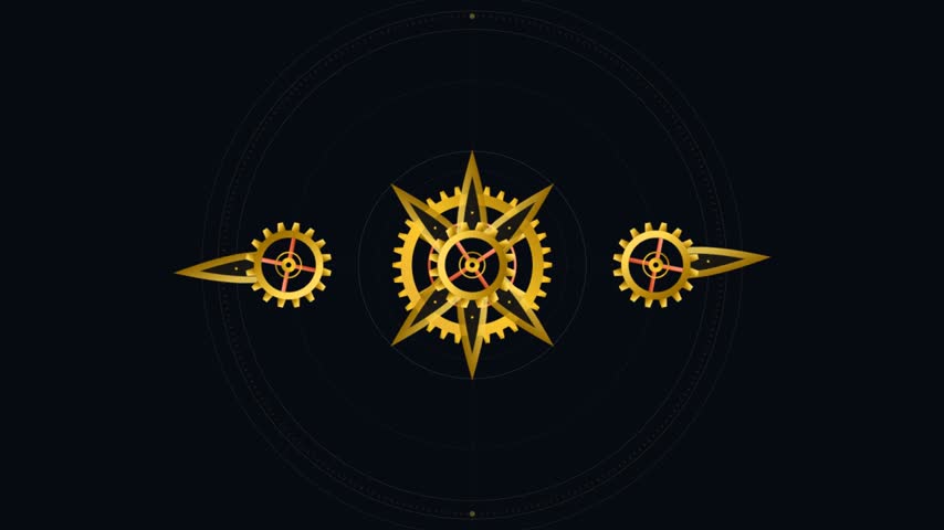 Golden metallic components assemble into complex circular mechanism against dark minimal backdrop while bright yellow cogs and sharp needle elements interlock smoothly during motion featuring precise engineering details plus glowing red accents where warm illumination highlights polished surfaces creating rich industrial texture and depth throughout entire sequence.